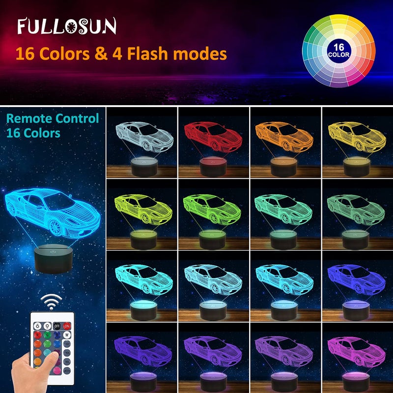 FULLOSUN Car 3D Night Light, Sport Racing Car Illusion Lamp with Remote Control 16 Colors Changing, Holiday Xmas Birthday Gifts for Kids Child Teen Todder - Image 3